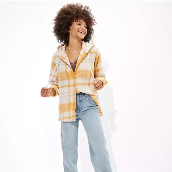 America Eagle AE Cozy Cabin Oversized‎ Hoodie Flannel Yellow Small Used - Picture 1 of 7